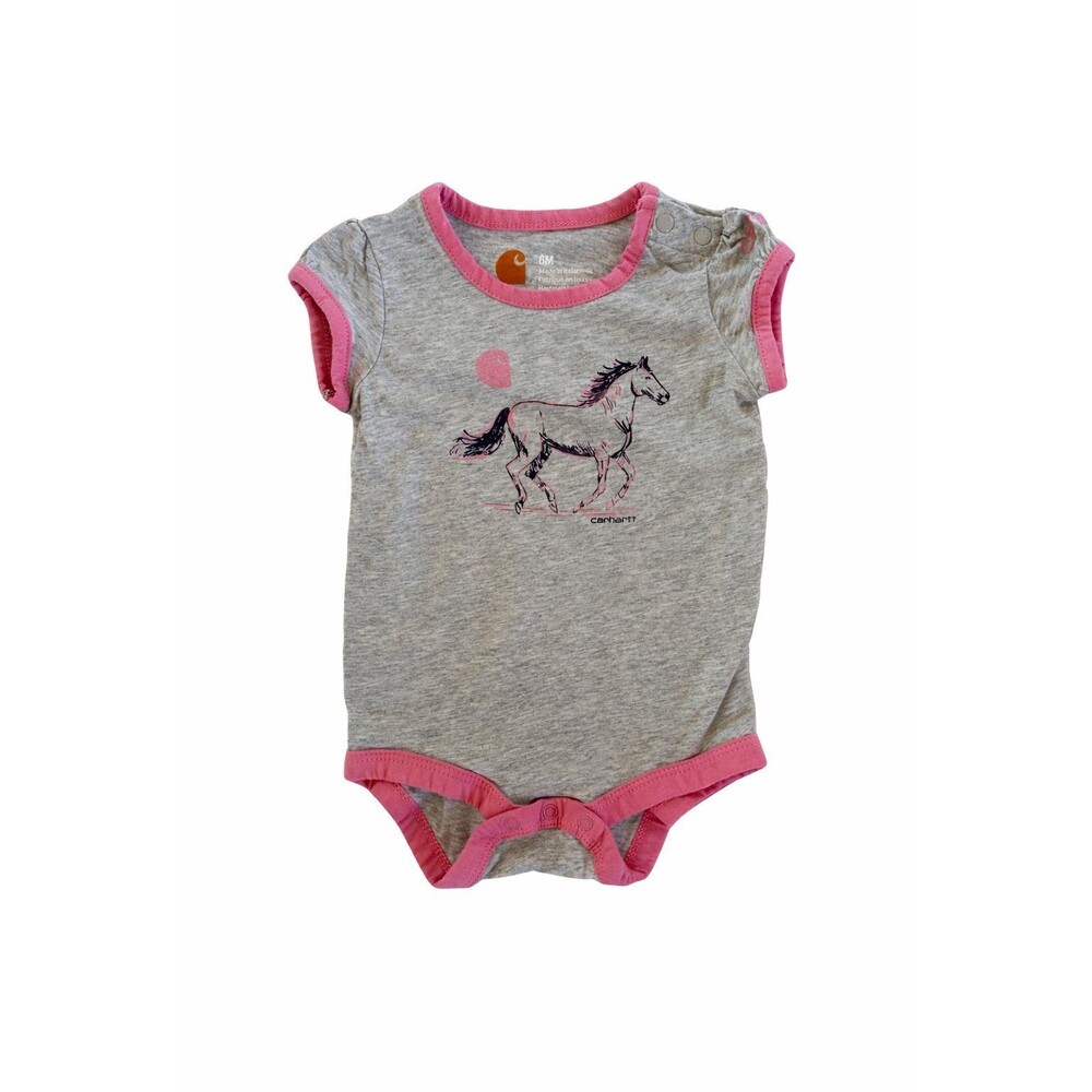 Carhartt Baby Girl 6M Horse Onesie Pink Trim Western Farm Outfit Bodysuit
